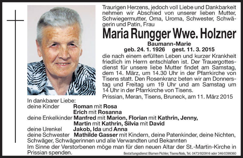  Traueranzeige für Maria Holzner vom 13.03.2015 aus Dolomiten