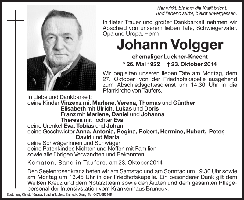  Traueranzeige für Johann Volgger vom 25.10.2014 aus Dolomiten