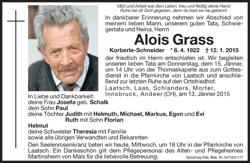  Traueranzeige für Alois Grass vom 14.01.2015 aus Dolomiten