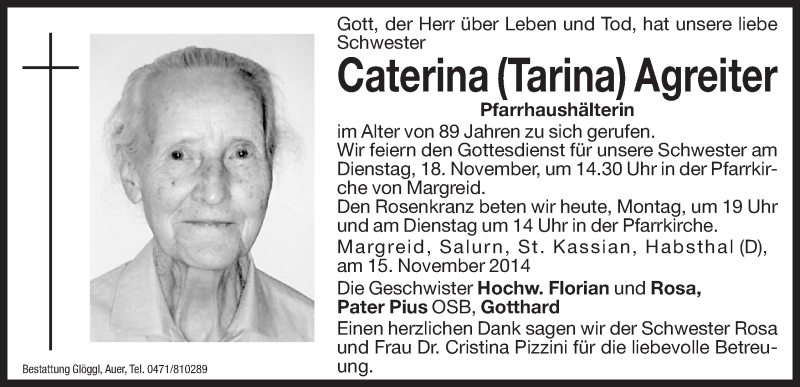  Traueranzeige für Caterina (Tarina) Agreiter vom 17.11.2014 aus Dolomiten