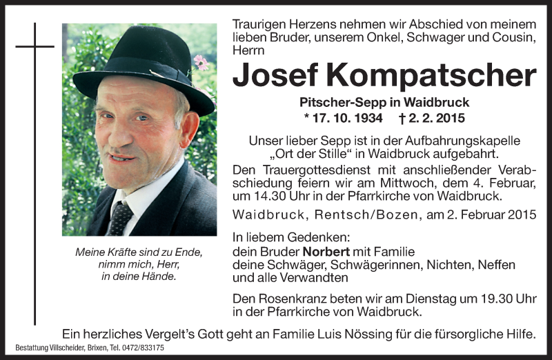  Traueranzeige für Josef Kompatscher vom 03.02.2015 aus Dolomiten