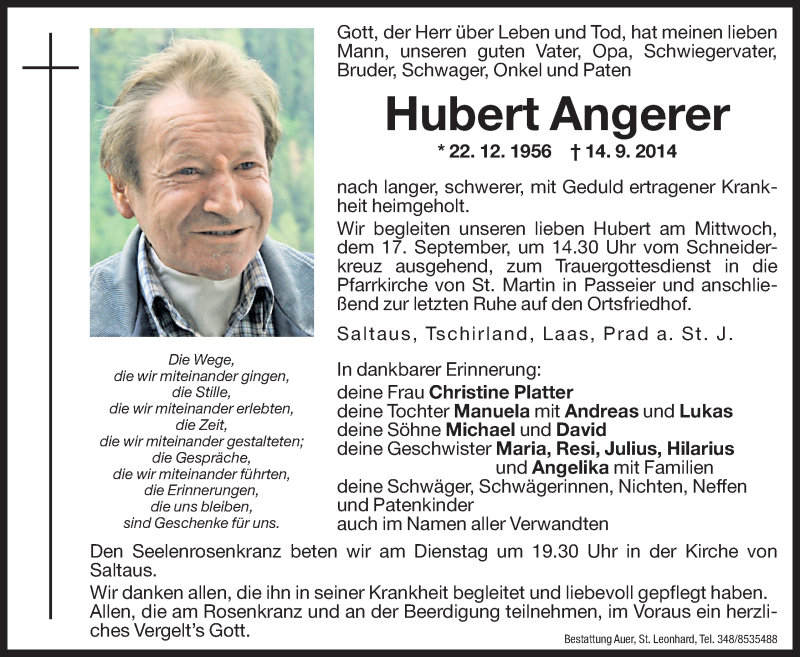  Traueranzeige für Hubert Angerer vom 16.09.2014 aus Dolomiten