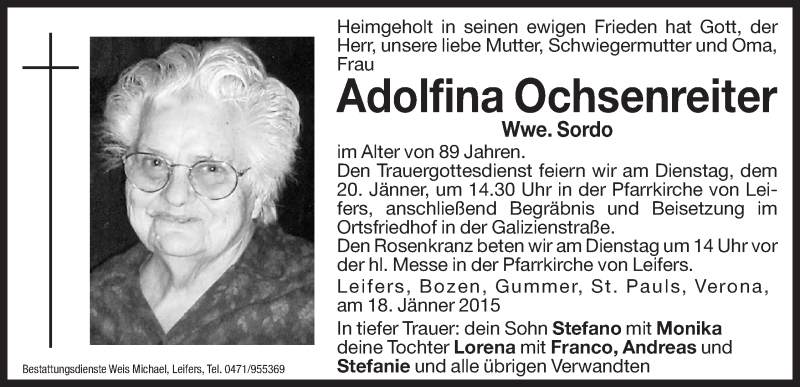  Traueranzeige für Adolfina Sordo vom 19.01.2015 aus Dolomiten