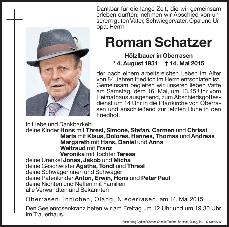  Traueranzeige für Roman Schatzer vom 15.05.2015 aus Dolomiten