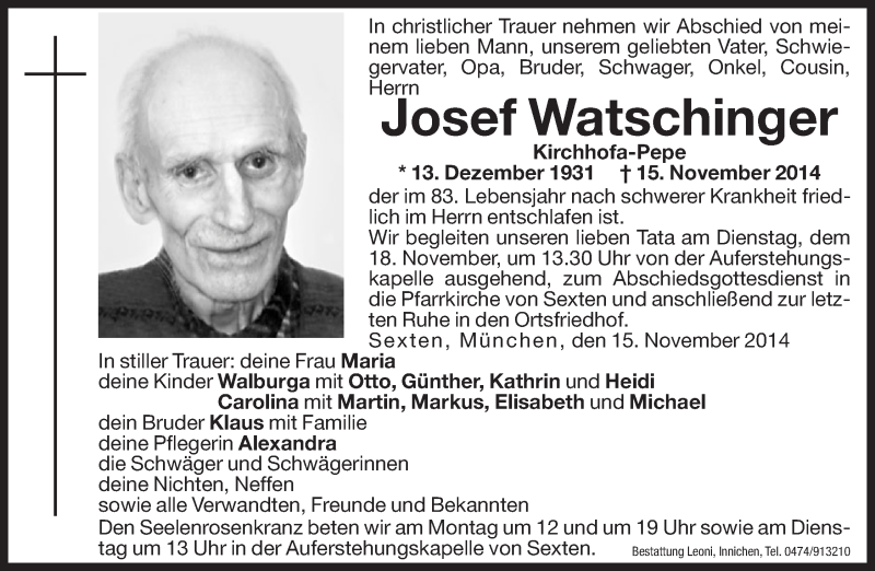  Traueranzeige für Josef Watschinger vom 17.11.2014 aus Dolomiten