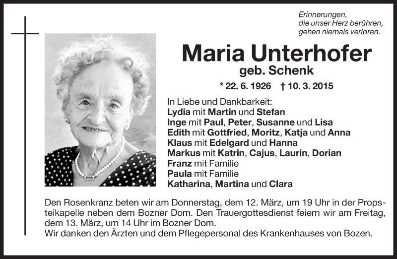  Traueranzeige für Maria Unterhofer vom 12.03.2015 aus Dolomiten