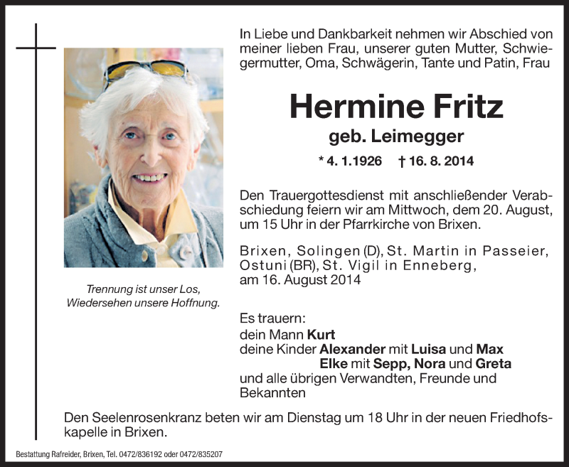  Traueranzeige für Hermine Fritz vom 18.08.2014 aus Dolomiten