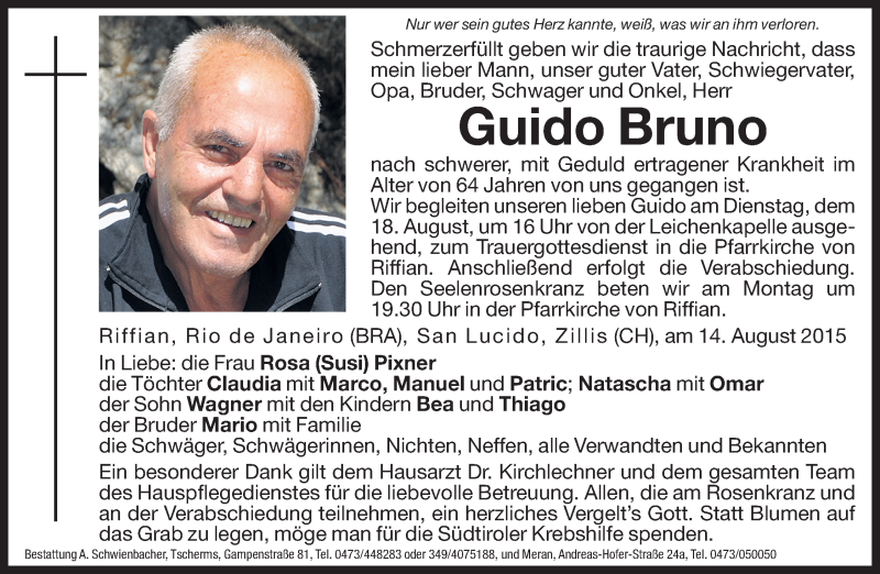  Traueranzeige für Guido Bruno vom 17.08.2015 aus Dolomiten