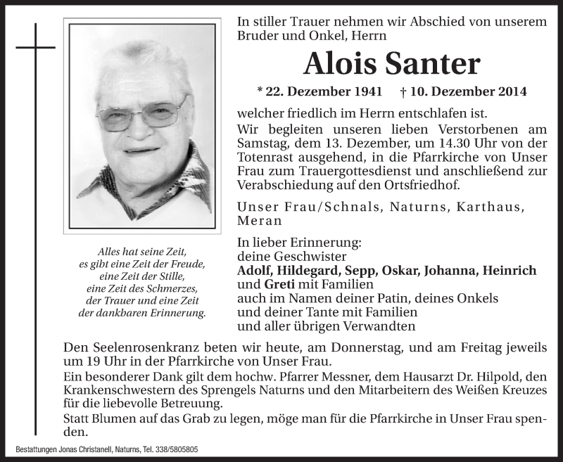  Traueranzeige für Alois Santer vom 11.12.2014 aus Dolomiten