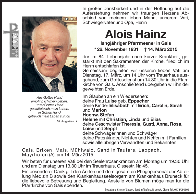  Traueranzeige für Alois Hainz vom 16.03.2015 aus Dolomiten