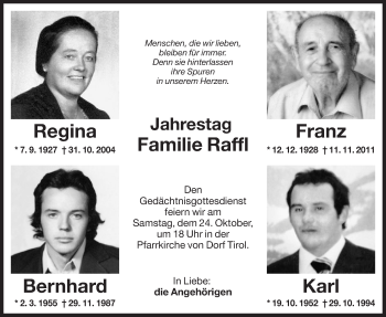 Traueranzeige von Bernhard Raffl von Dolomiten