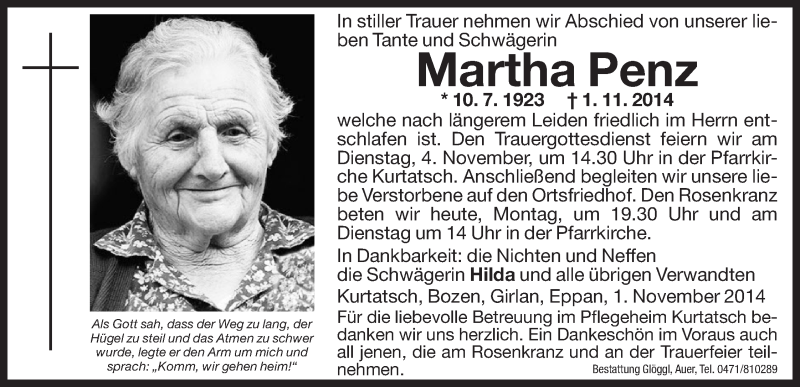  Traueranzeige für Martha Penz vom 03.11.2014 aus Dolomiten