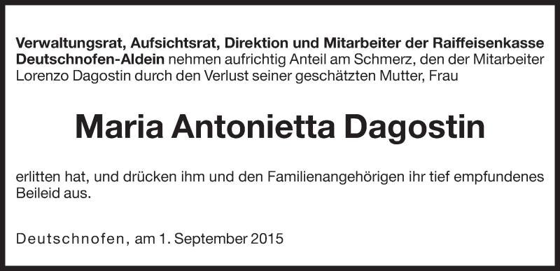  Traueranzeige für Maria Antonietta Dagostin vom 02.09.2015 aus Dolomiten