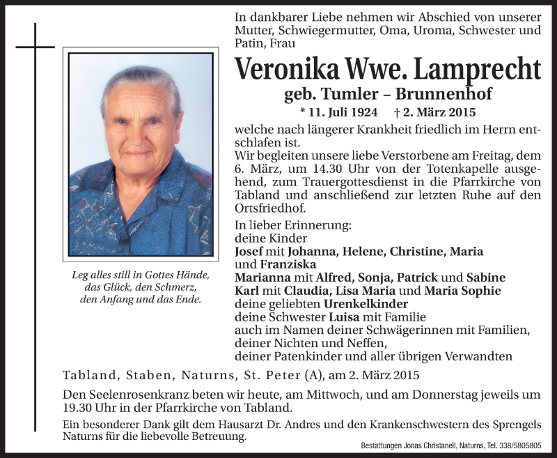  Traueranzeige für Veronika Lamprecht vom 04.03.2015 aus Dolomiten