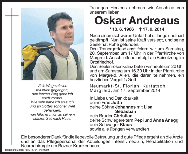  Traueranzeige für Oskar Andreaus vom 19.09.2014 aus Dolomiten