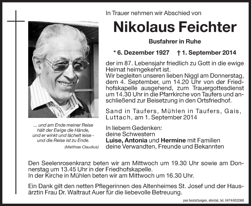  Traueranzeige für Nikolaus Feichter vom 03.09.2014 aus Dolomiten