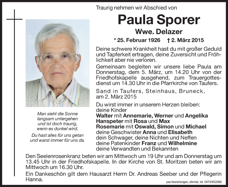  Traueranzeige für Paula Delazer vom 04.03.2015 aus Dolomiten