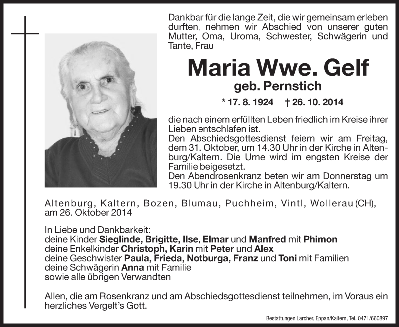  Traueranzeige für Maria Gelf vom 28.10.2014 aus Dolomiten