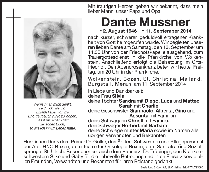  Traueranzeige für Dante Mussner vom 12.09.2014 aus Dolomiten