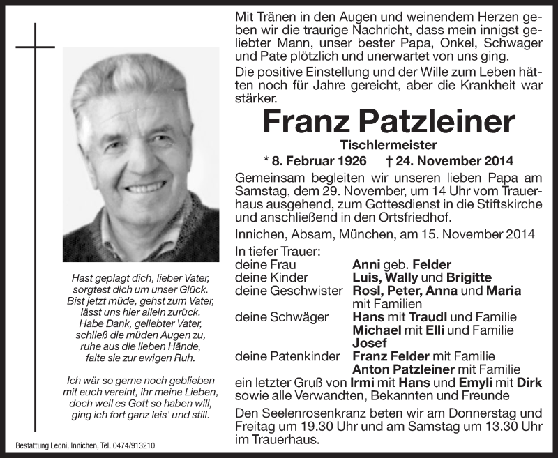  Traueranzeige für Franz Patzleiner vom 27.11.2014 aus Dolomiten