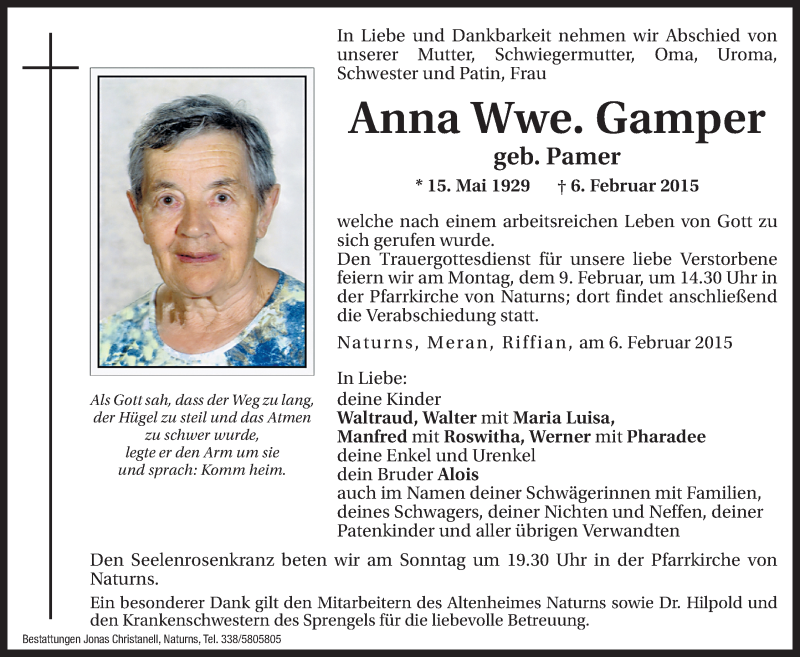  Traueranzeige für Anna Gamper vom 07.02.2015 aus Dolomiten