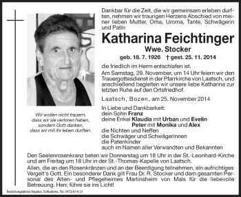 Traueranzeige von Katharina Stocker von Dolomiten