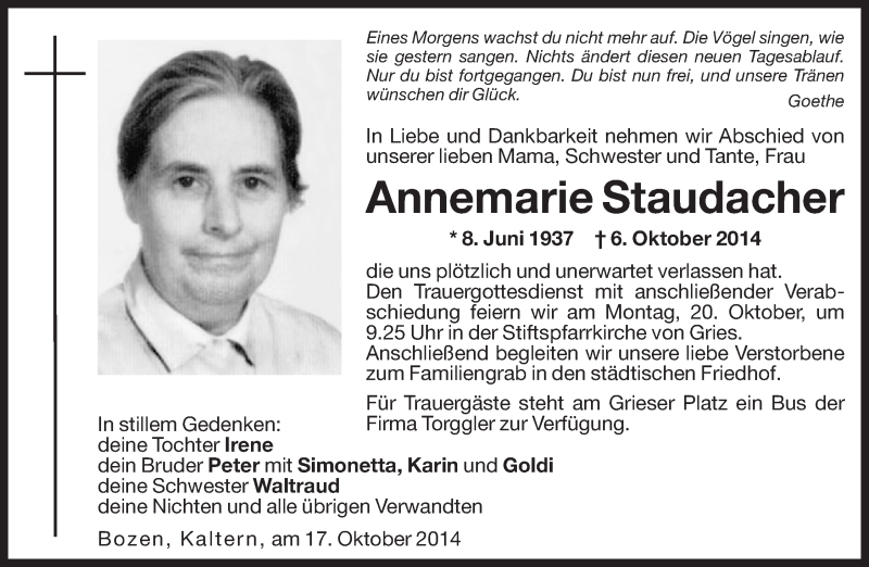  Traueranzeige für Annemarie Staudacher vom 17.10.2014 aus Dolomiten