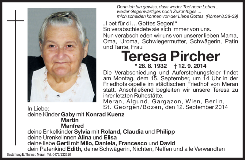  Traueranzeige für Teresa Pircher vom 13.09.2014 aus Dolomiten