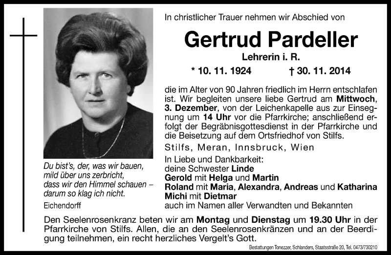  Traueranzeige für Gertrud Pardeller vom 01.12.2014 aus Dolomiten