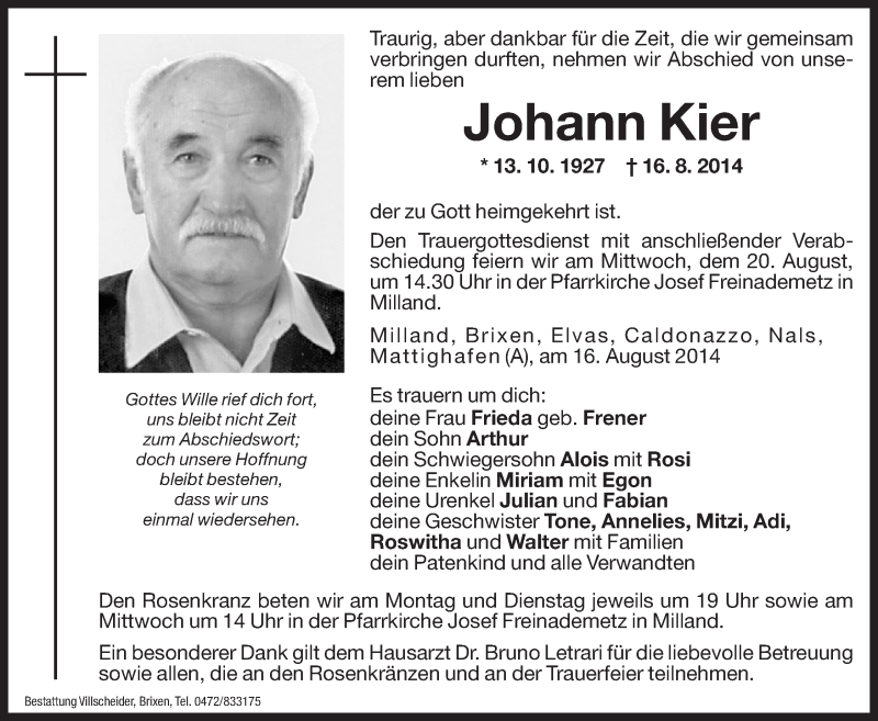  Traueranzeige für Johann Kier vom 18.08.2014 aus Dolomiten