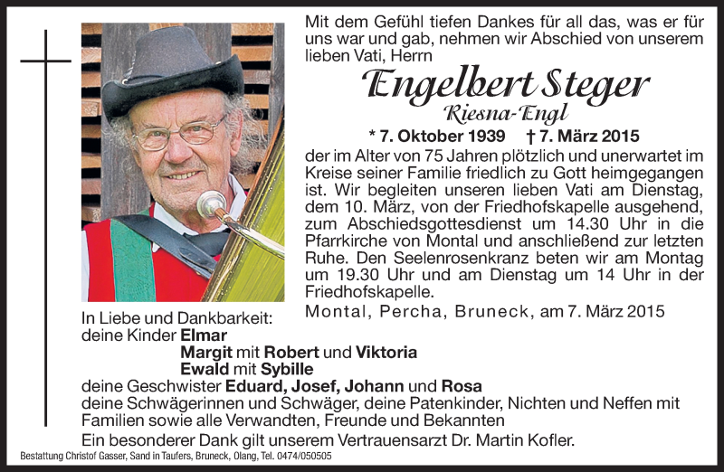  Traueranzeige für Engelbert Steger vom 09.03.2015 aus Dolomiten