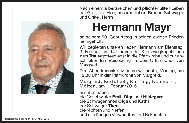  Traueranzeige für Hermann Mayr vom 02.02.2015 aus Dolomiten