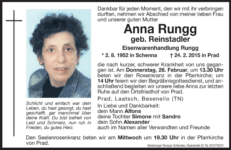  Traueranzeige für Anna Rungg vom 25.02.2015 aus Dolomiten