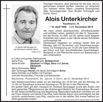 Traueranzeige von Alois Unterkircher von Dolomiten