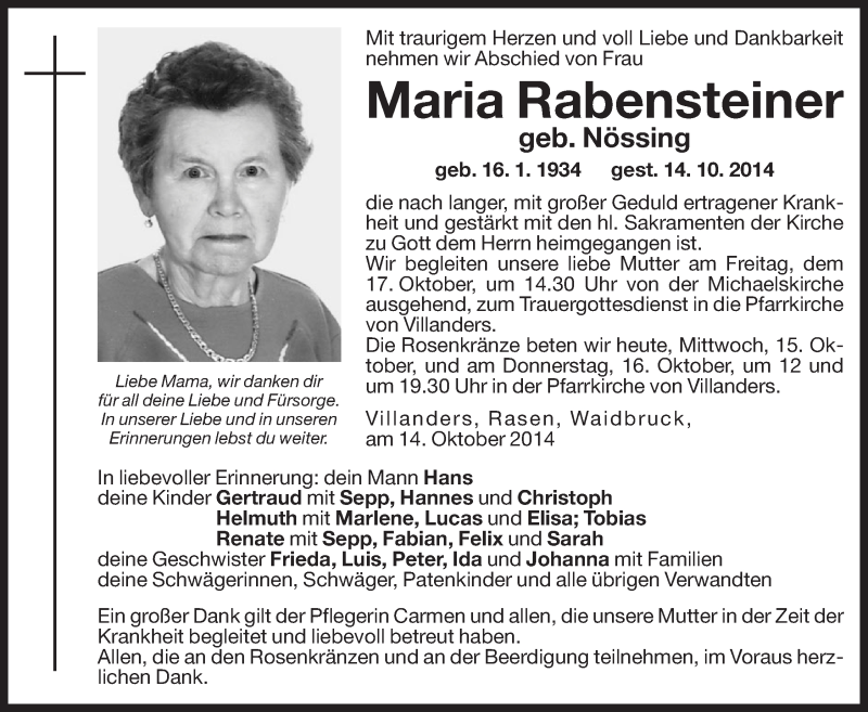  Traueranzeige für Maria Rabensteiner vom 15.10.2014 aus Dolomiten