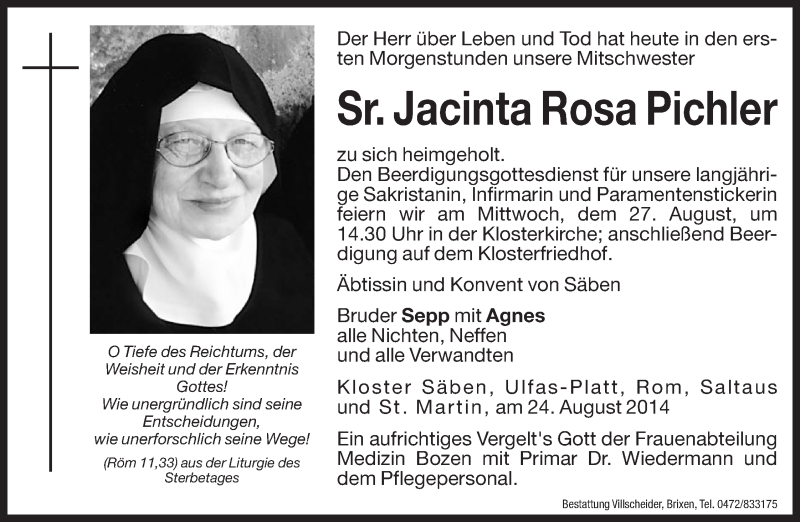  Traueranzeige für Jacinta Rosa Pichler vom 25.08.2014 aus Dolomiten