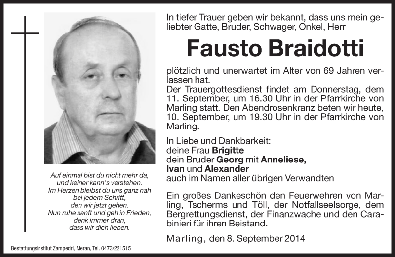  Traueranzeige für Fausto Braidotti vom 10.09.2014 aus Dolomiten