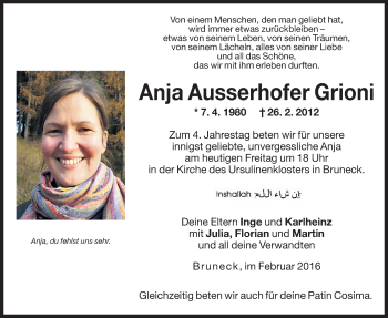 Traueranzeige von Anja Grioni von Dolomiten
