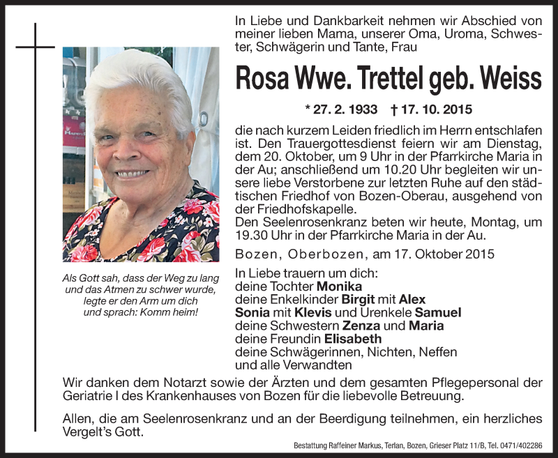  Traueranzeige für Rosa Trettel vom 19.10.2015 aus Dolomiten