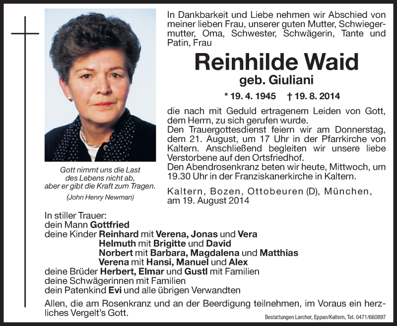  Traueranzeige für Reinhilde Waid vom 20.08.2014 aus Dolomiten