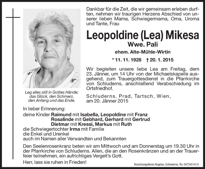  Traueranzeige für Leopoldine (Lea) Pali vom 21.01.2015 aus Dolomiten