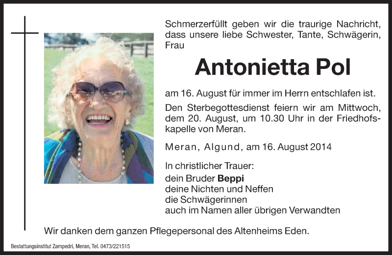  Traueranzeige für Antonietta Pol vom 19.08.2014 aus Dolomiten