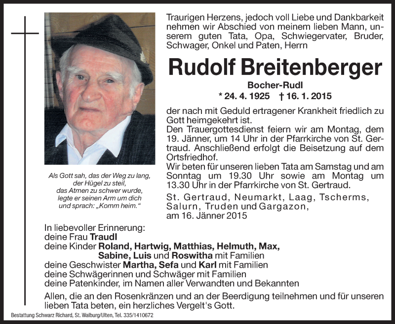  Traueranzeige für Rudolf Breitenberger vom 17.01.2015 aus Dolomiten