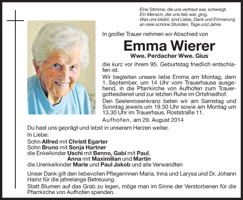  Traueranzeige für Emma Gius vom 30.08.2014 aus Dolomiten