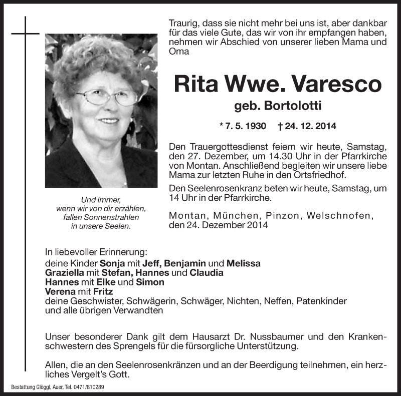  Traueranzeige für Rita Varesco vom 27.12.2014 aus Dolomiten