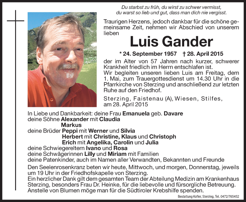  Traueranzeige für Luis Gander vom 29.04.2015 aus Dolomiten