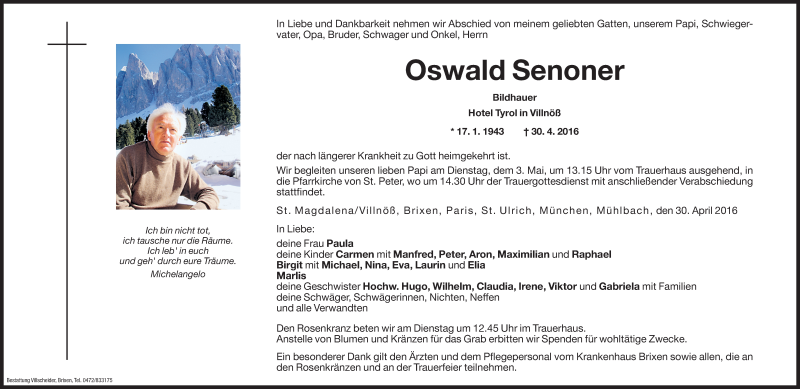  Traueranzeige für Oswald Senoner vom 03.05.2016 aus Dolomiten