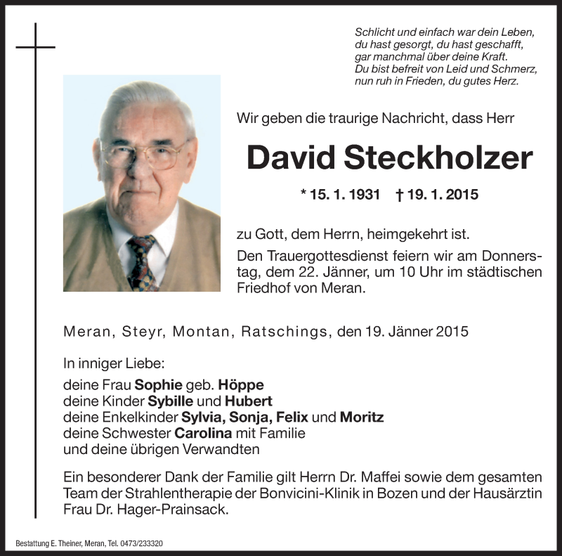  Traueranzeige für David Steckholzer vom 21.01.2015 aus Dolomiten