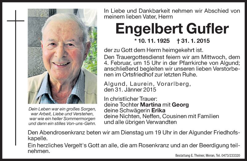  Traueranzeige für Engelbert Gufler vom 03.02.2015 aus Dolomiten