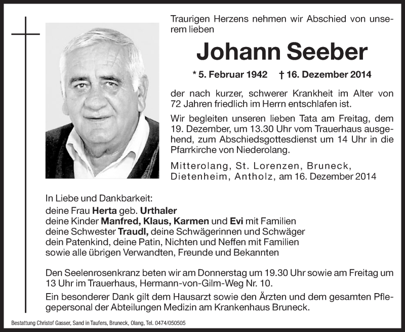  Traueranzeige für Johann Seeber vom 18.12.2014 aus Dolomiten